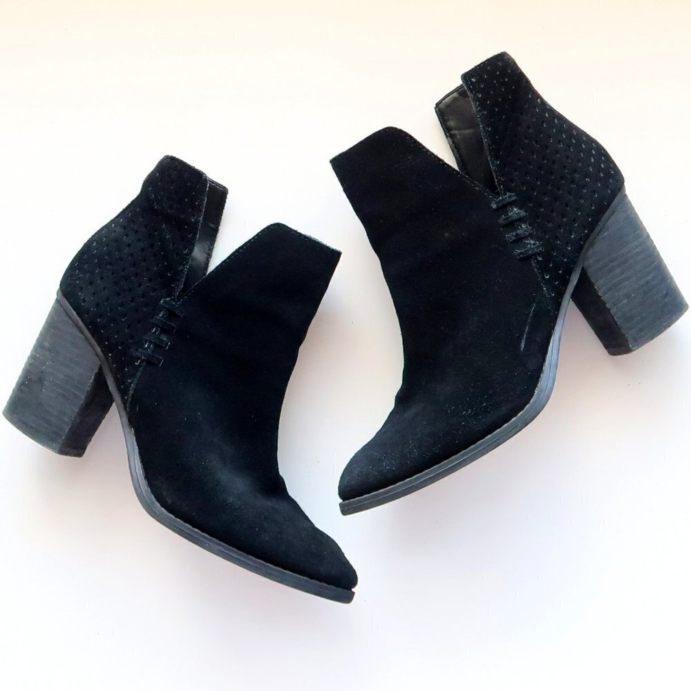 Steve Madden Shepp Black Suede Leather Block Heel Ankle Boots Booties Size 7.5 - Picture 1 of 15